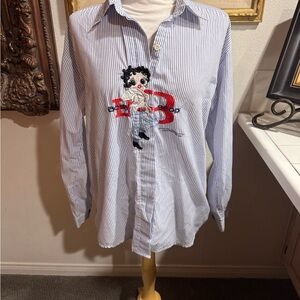 Betty Boop Embroidered Pinstripe Button Up Shirt Retro Cartoon Novelty Y2K